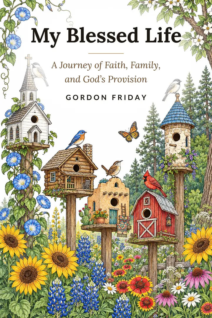 Cover of My Blessed Life by Gordon Friday: five painted birdhouses (a white church, a log cabin, an adobe, a red barn and a stone tower) among sunflowers, bluebonnets and morning glories.