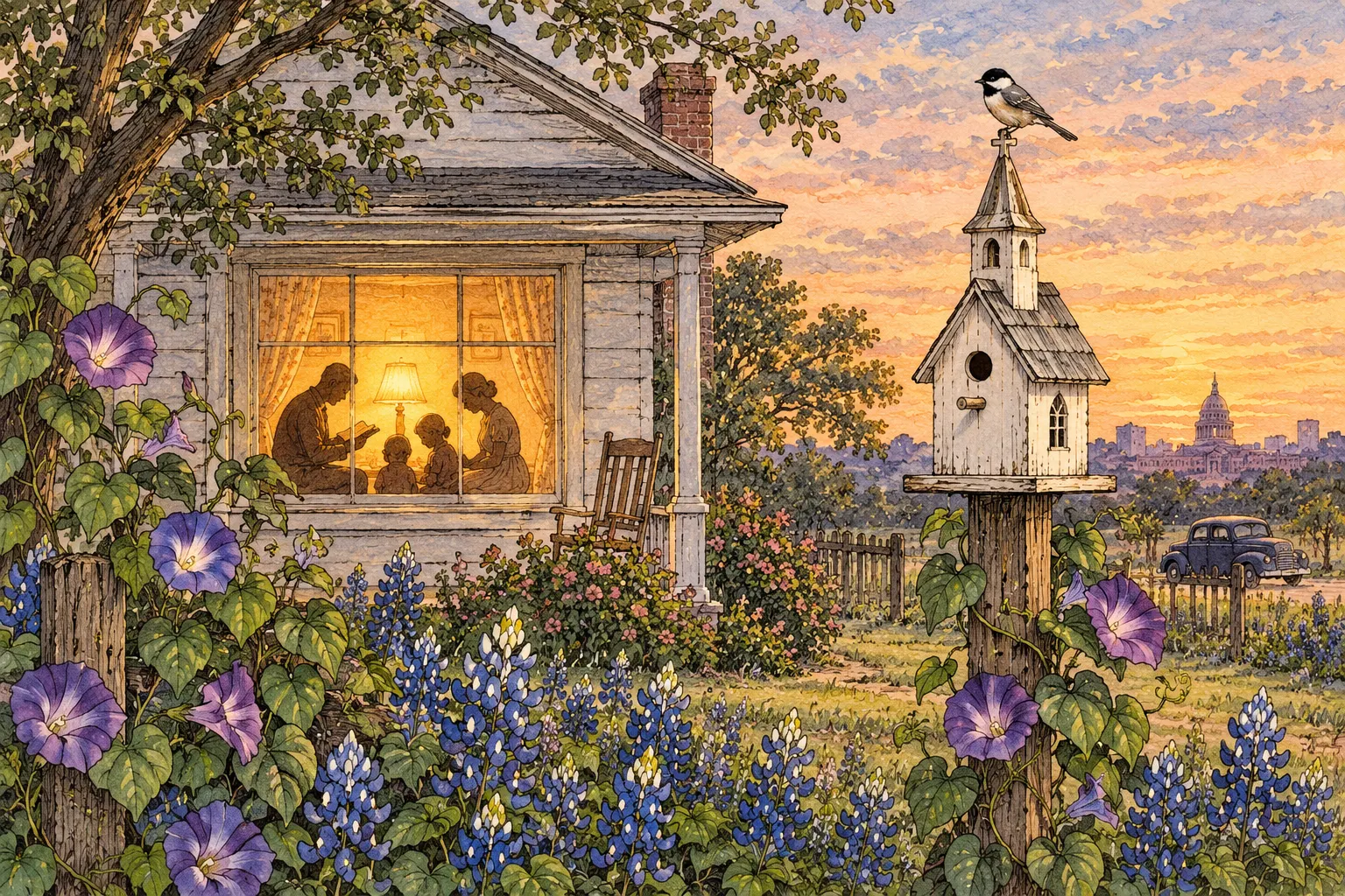 A lamp-lit Austin home at dusk where a family kneels in prayer