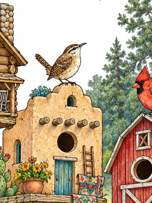Adobe birdhouse with a wren, cactus and a turquoise door